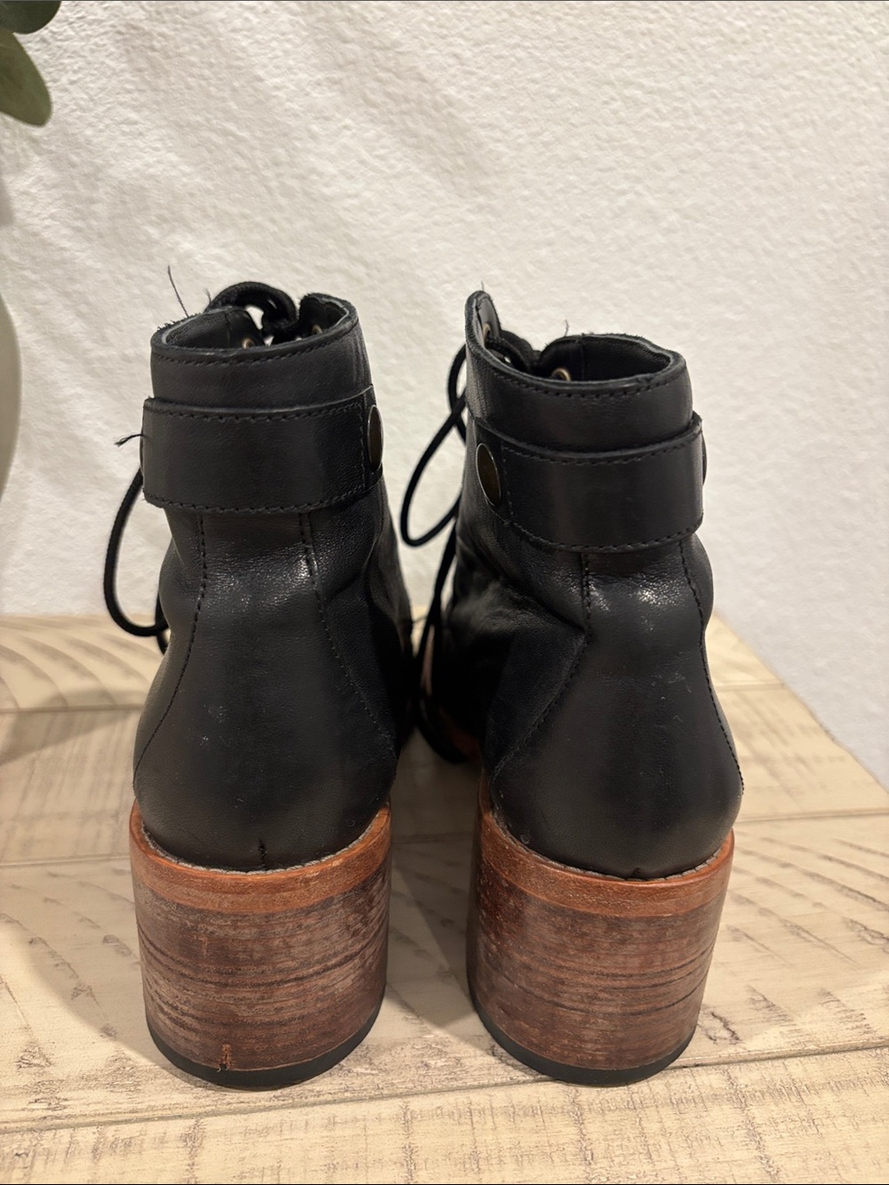Clarks Black Lace-Up Leather Ankle Boots with Brown Stacked Heel - Picture 8 of 10